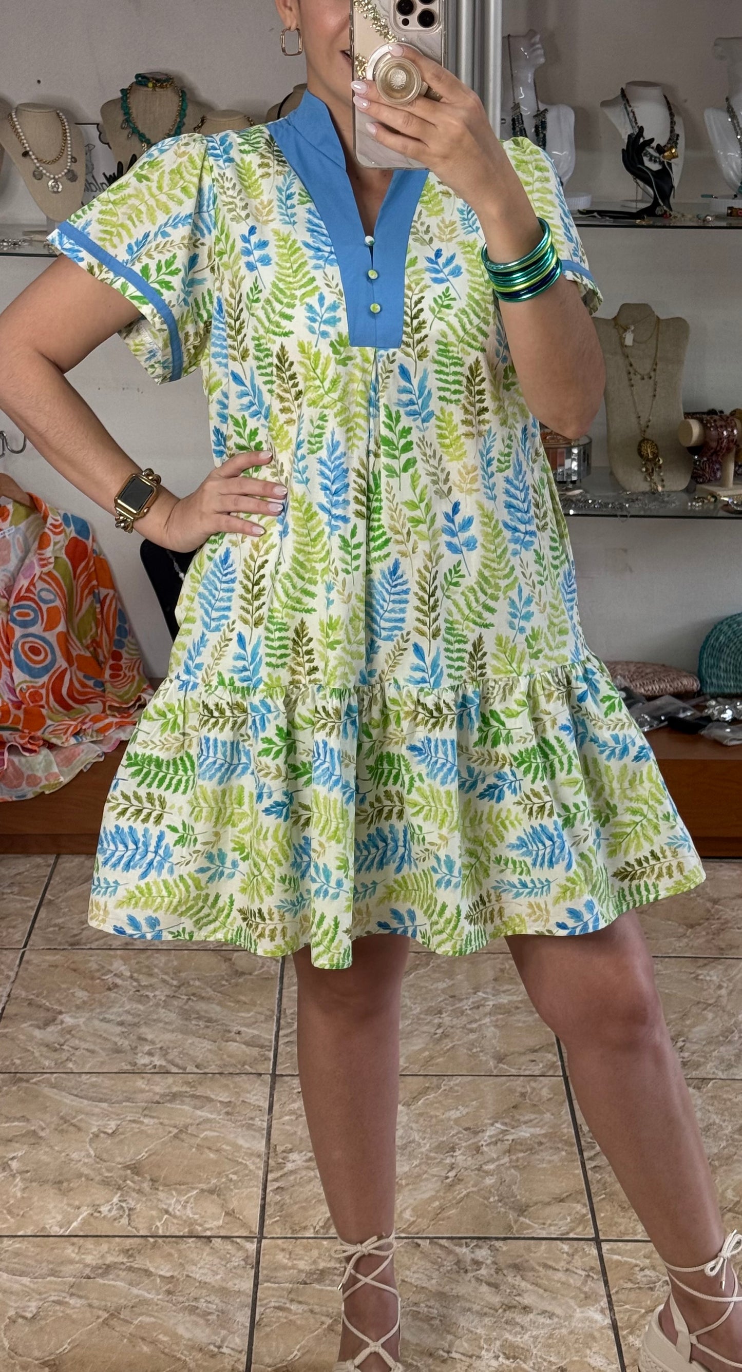 Green Mix Leaves Mini Dress
