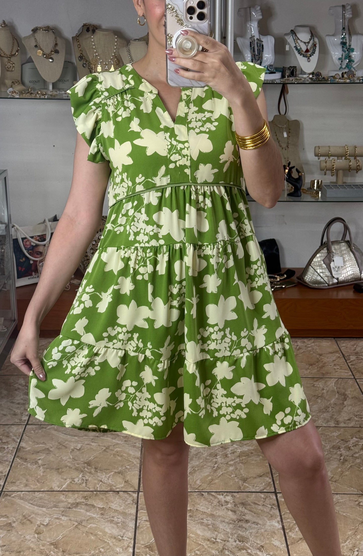 Green/Cream Ruffle Sleeves Mini Dress