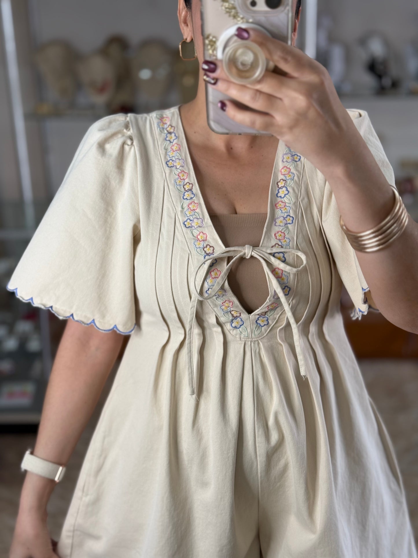Ecru Floral Embroidered Denim Romper (Crop Top NOT Included)*