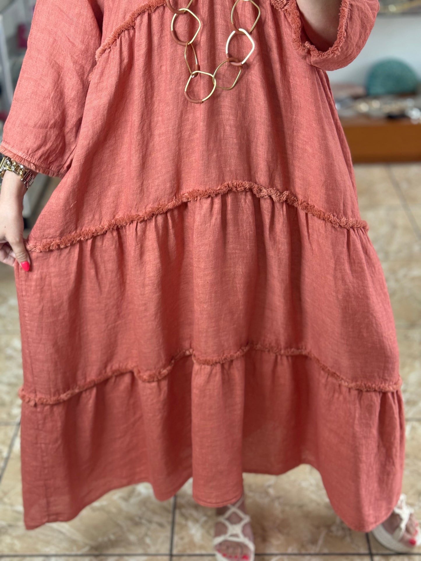 Deep V Neck OS Linen Dress (NO RETURNS OR EXCHANGE)