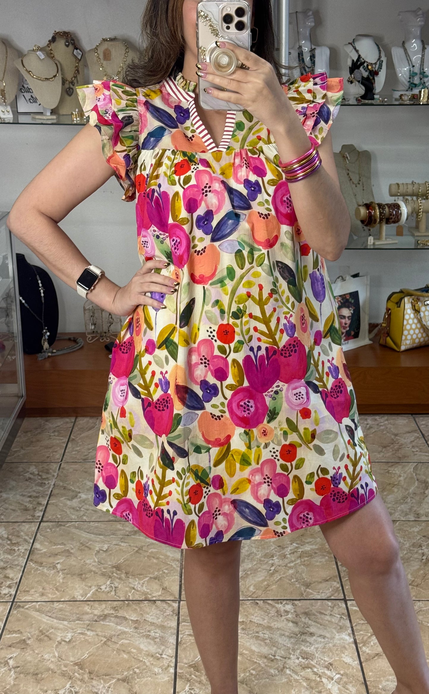 Pink Mix Flutter Sleeves Floral Dress