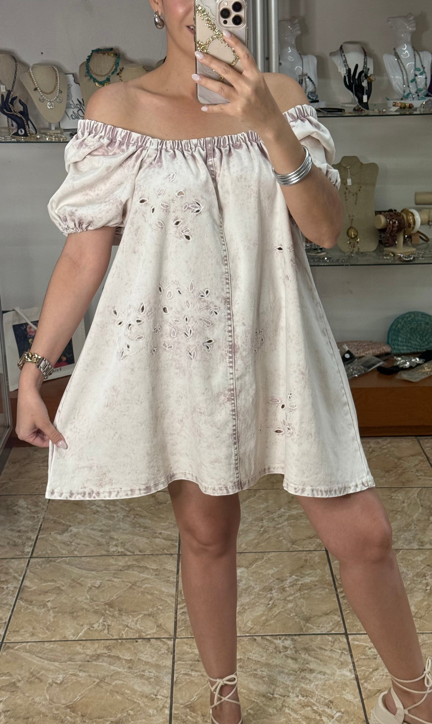 Eyelet Denim Wash Mini Dress