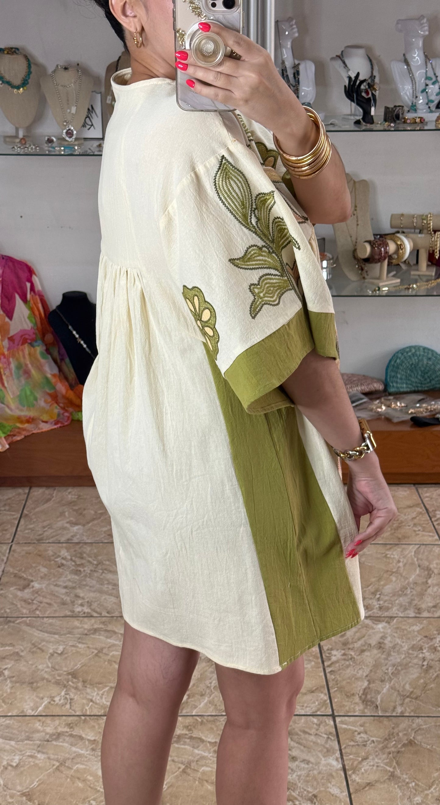 Embroidered Kaftan Mini Dress (Green)