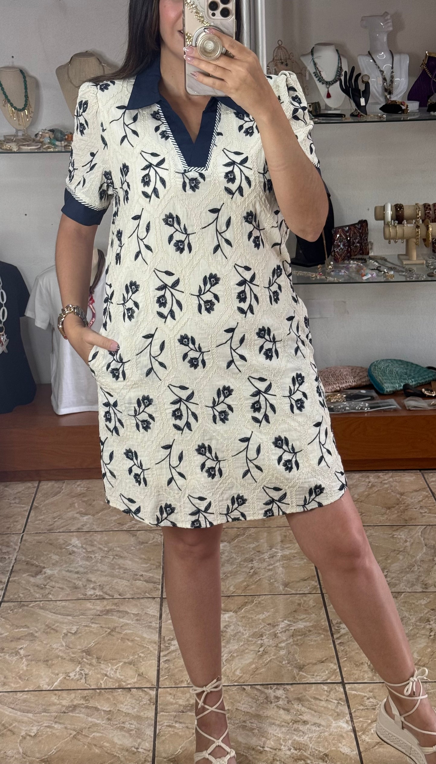 Cream/Navy Embroidered Dress (Reg & Plus)