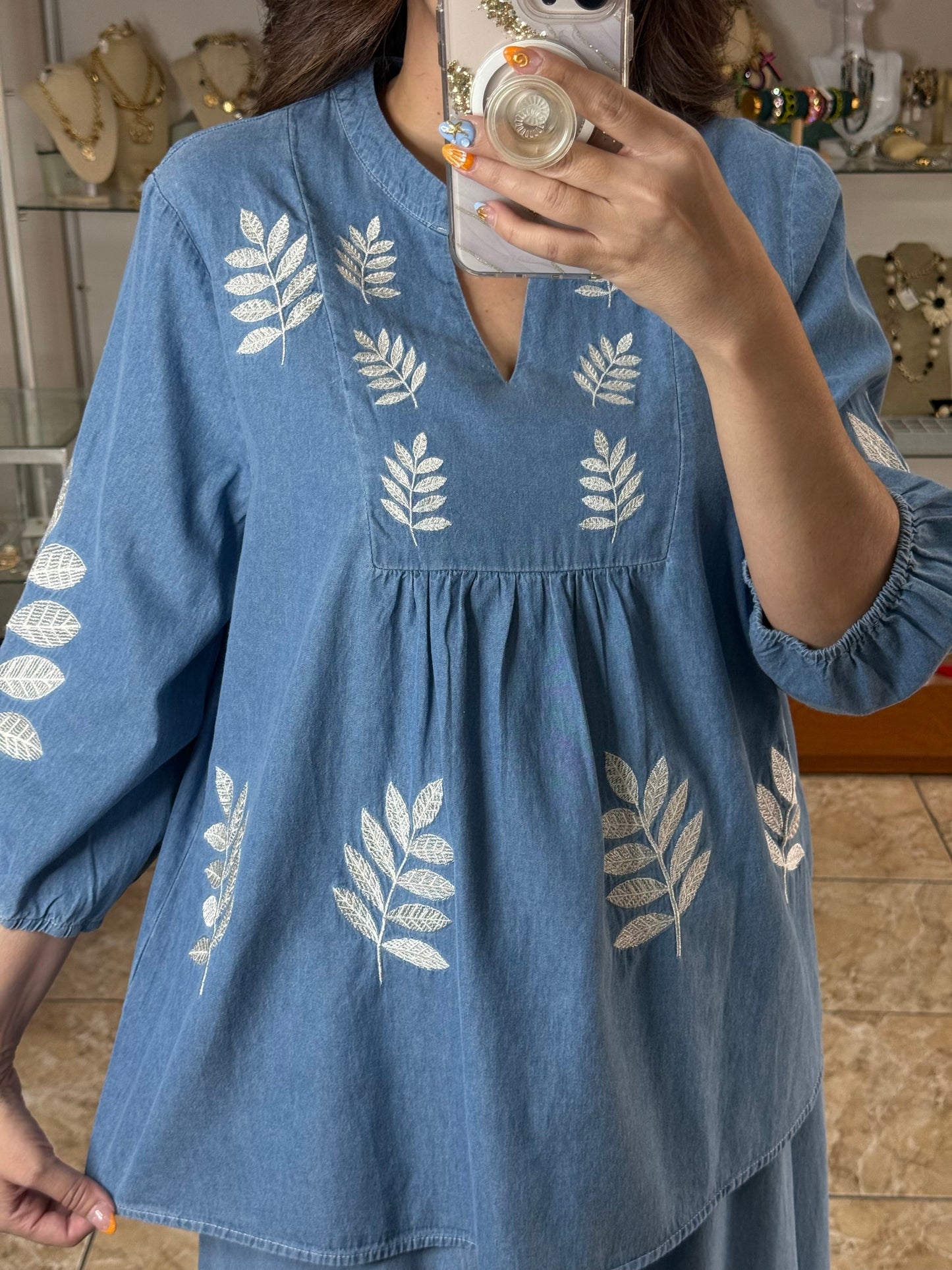 Embroidered Denim OS Top and Pant Set (FINAL SALE)