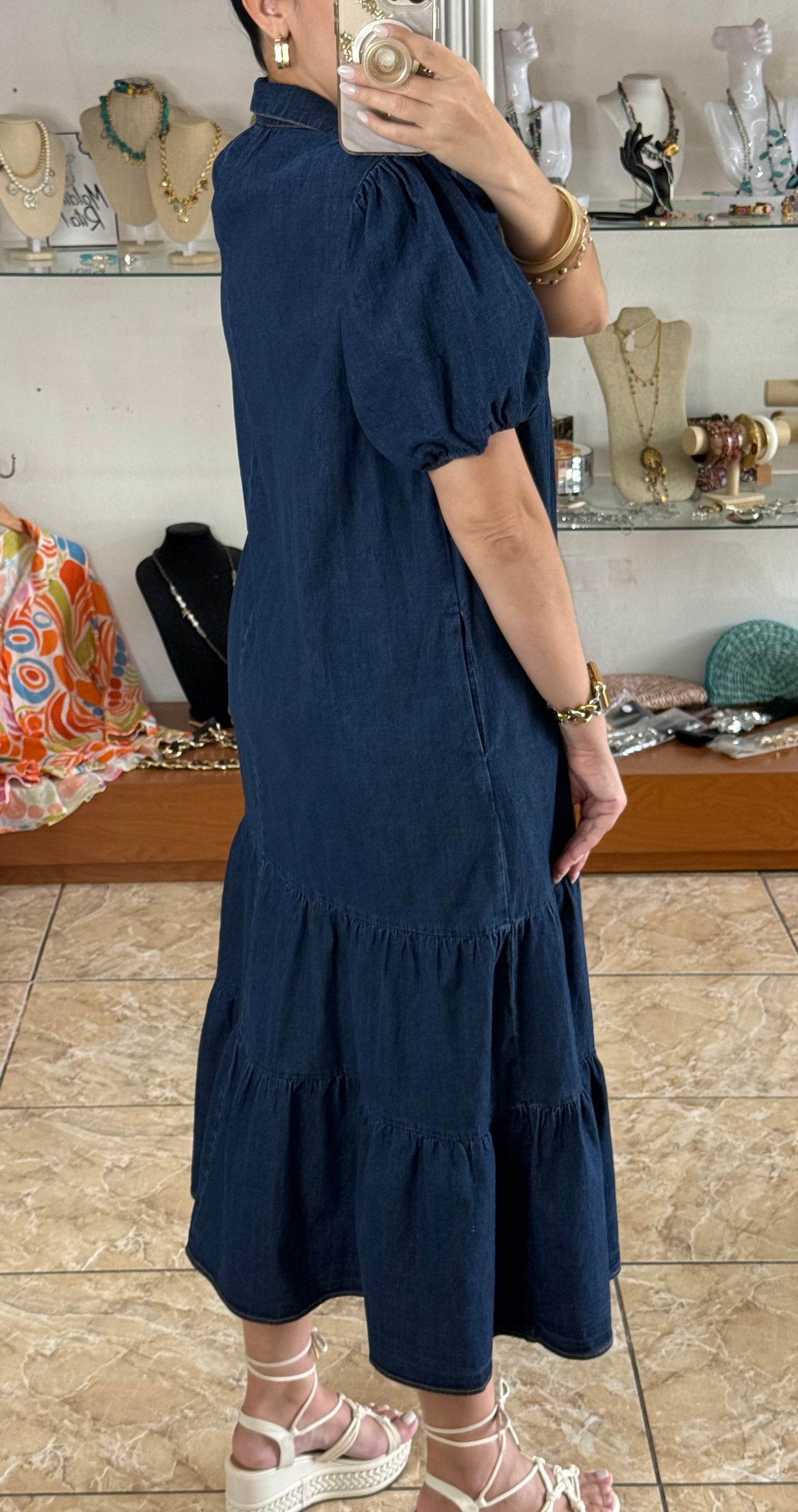 Dark Denim Tiered Midi Dress