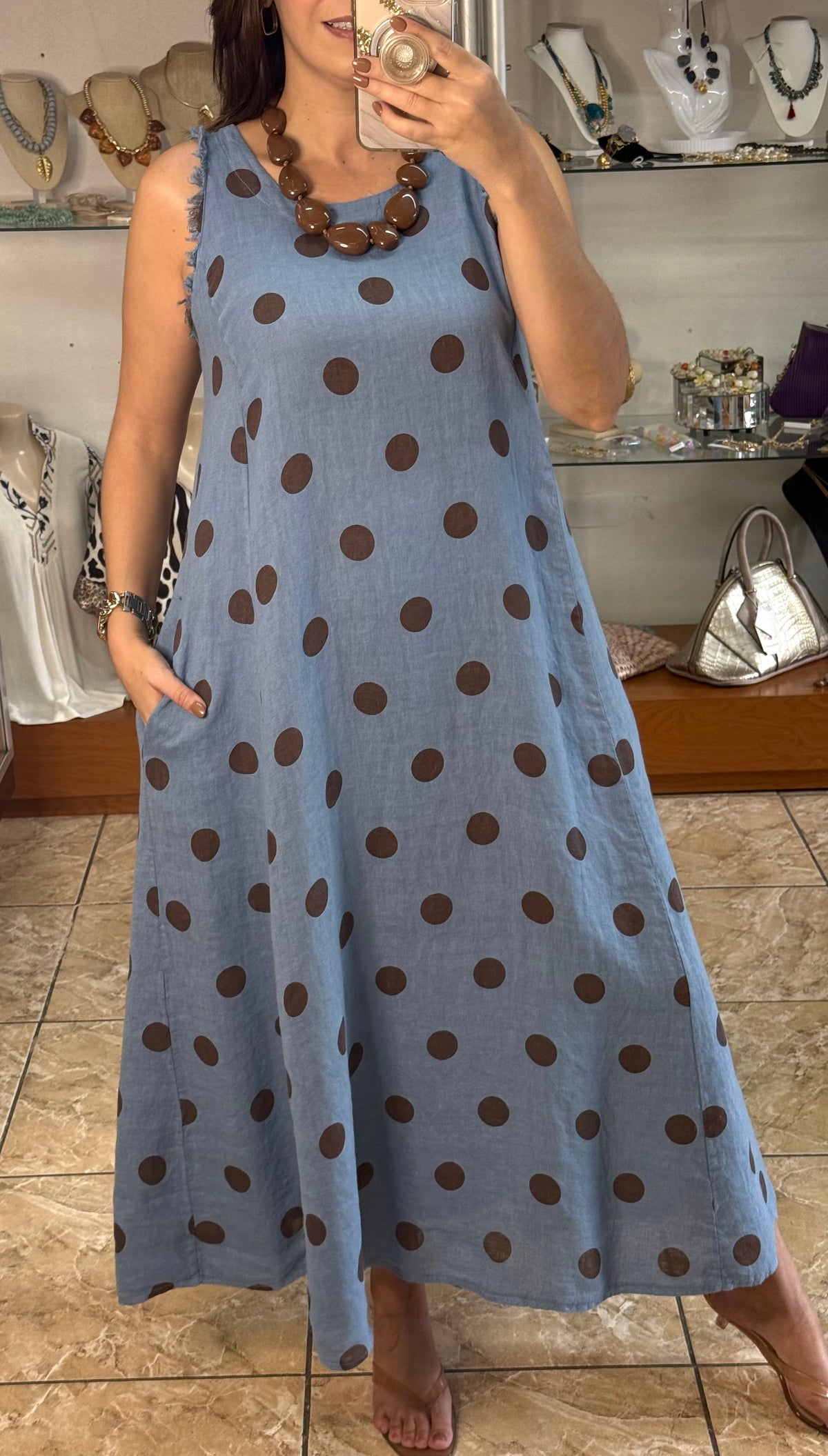 OS Linen Sleeveless Polka Dots Dress (NO RETURNS OR EXCHANGE)