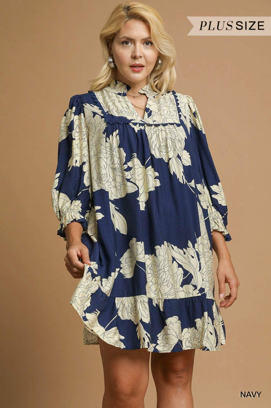 Navy Floral Tiered Babydoll Dress (PLUS)