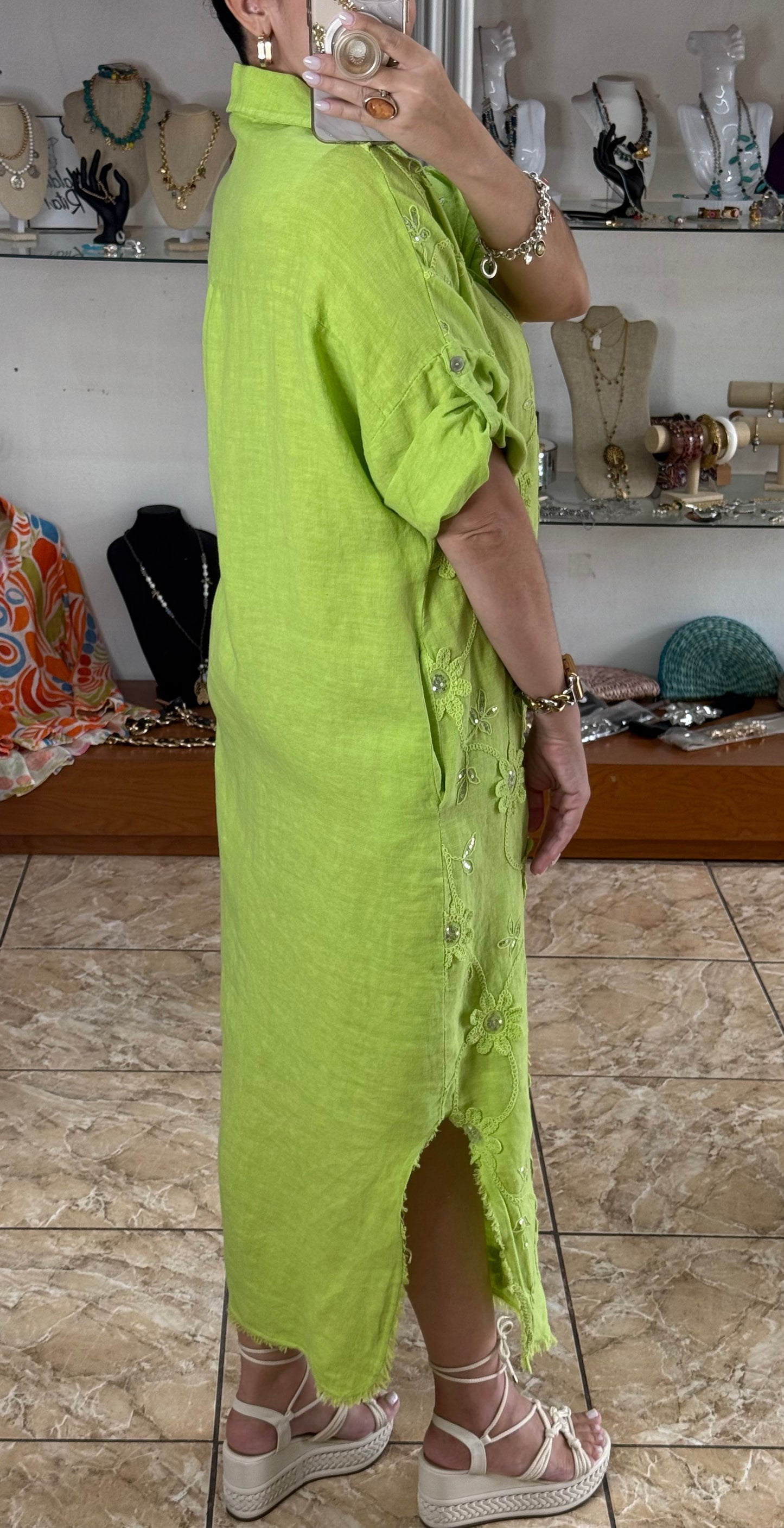 OS Embroidered/Sequins Linen Maxi Dress (NO RETURNS OR EXCHANGE)