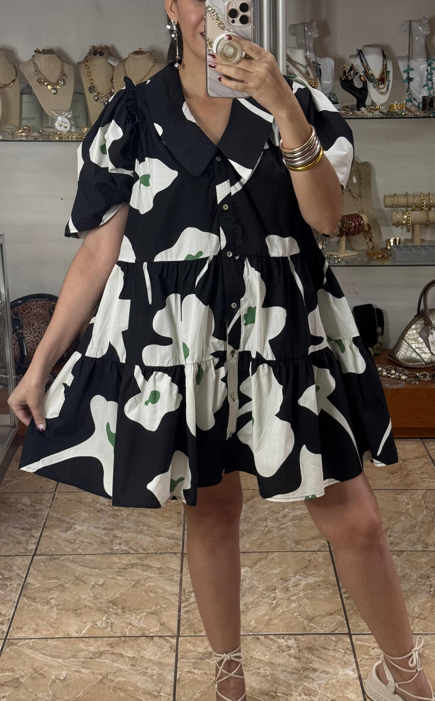 Puff Sleeves Black Floral Mini Doll Dress