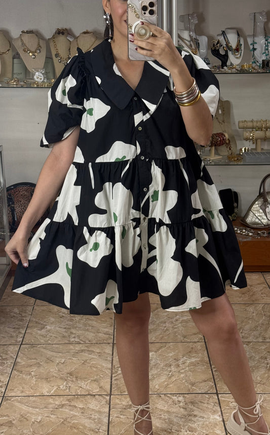 Puff Sleeves Black Floral Mini Doll Dress