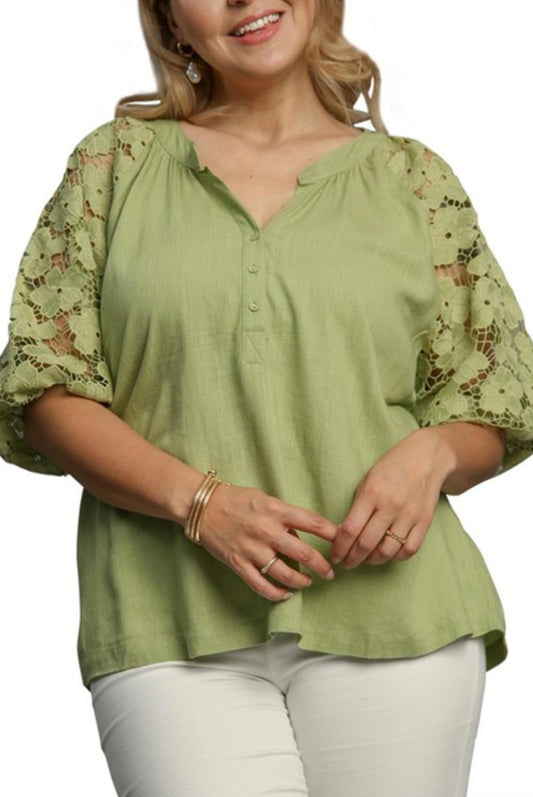 Floral Lace Sleeves Linen Top