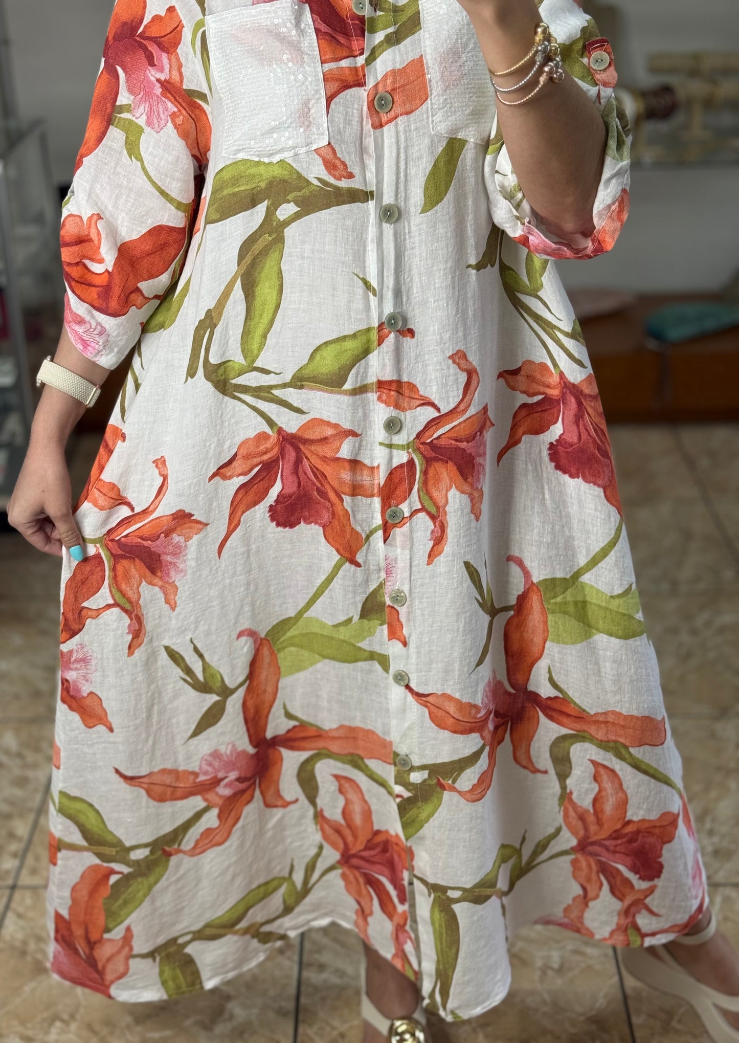 White/Orange Floral OS Linen Maxi Dress (FINAL SALE)