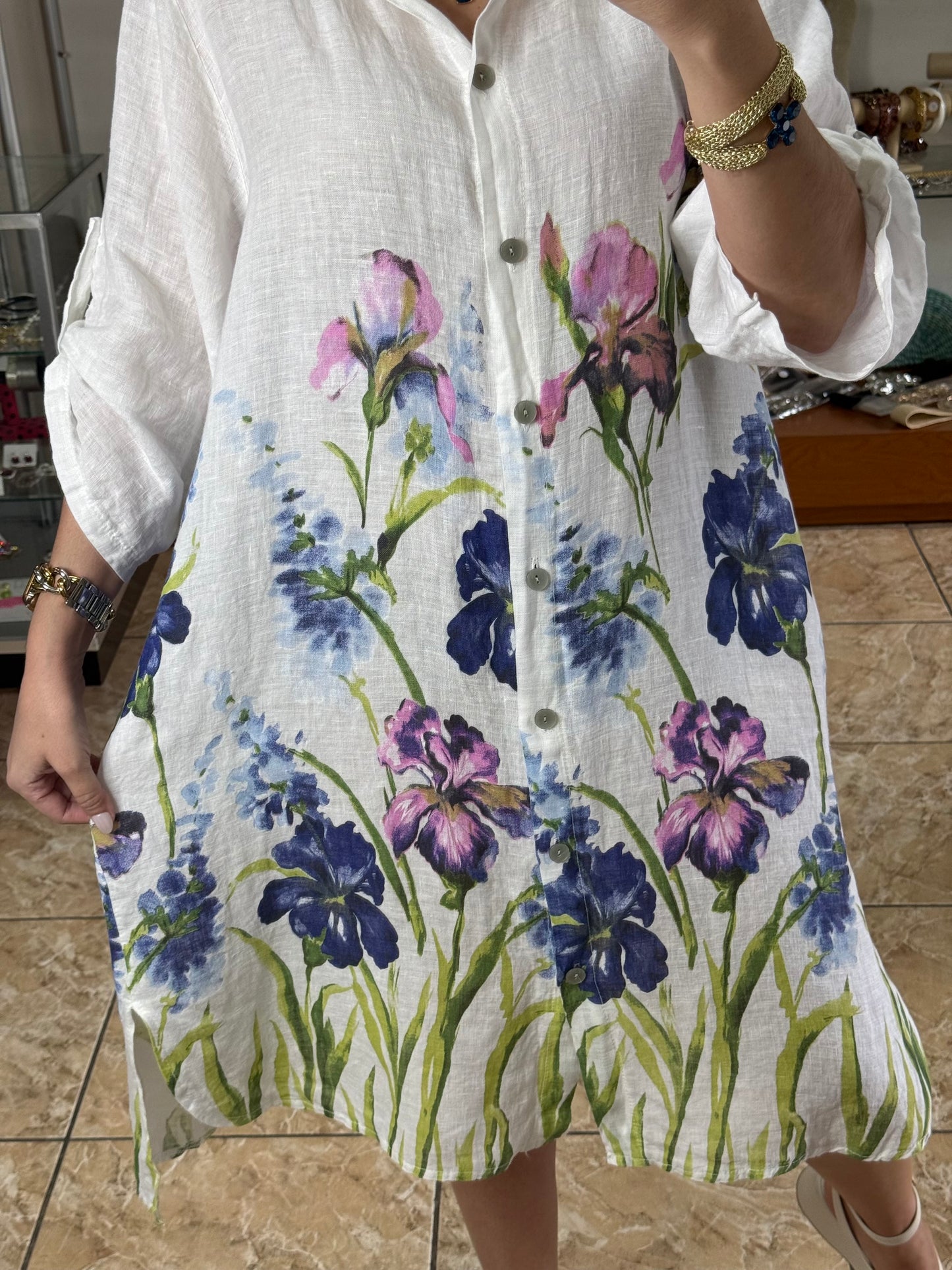 Blue Flowers OS Linen Dress (NO RETURNS OR EXCHANGE)