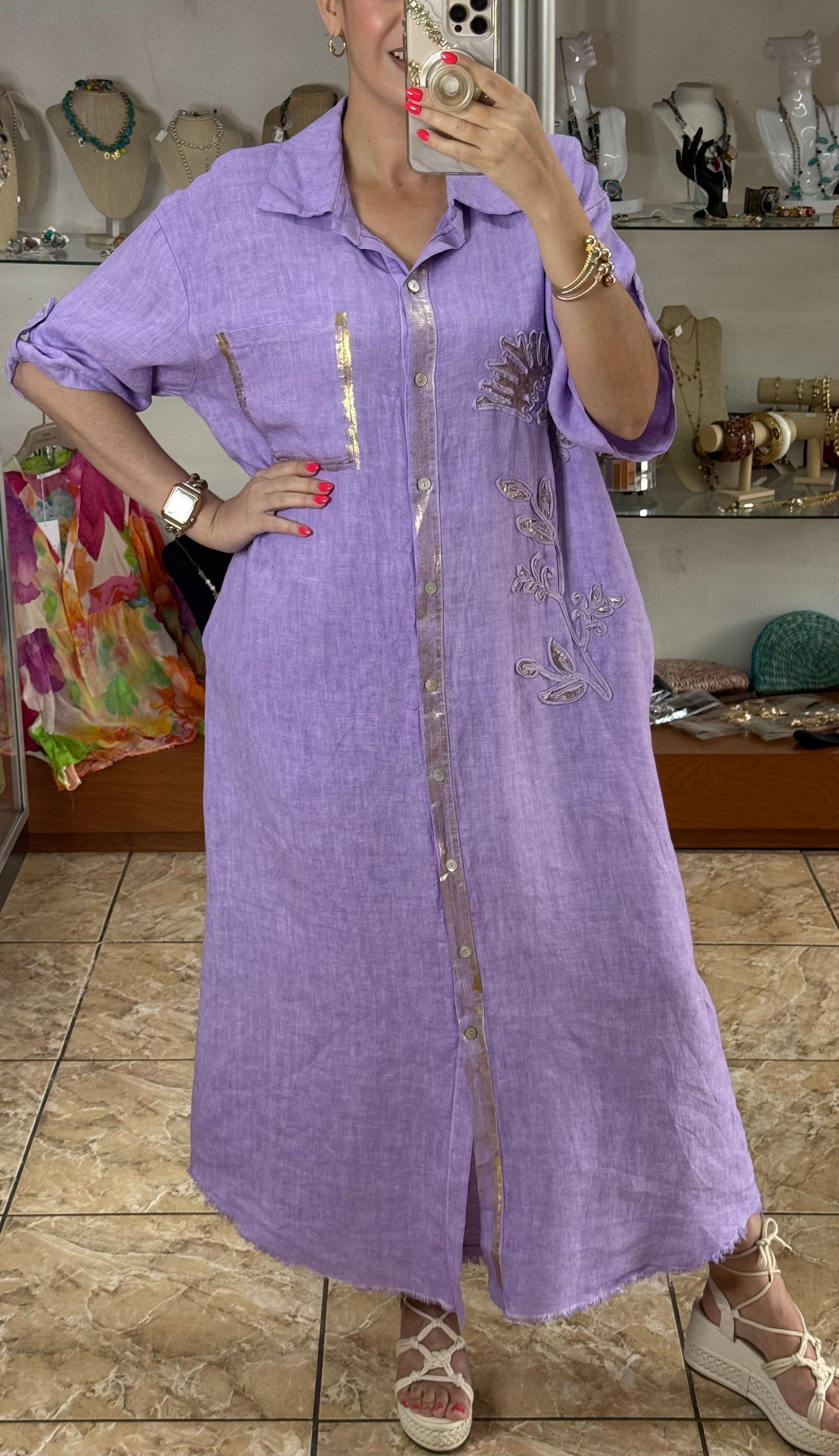 Gold Details Button Down OS Linen Maxi Dress (NO RETURNS OR EXCHANGE)