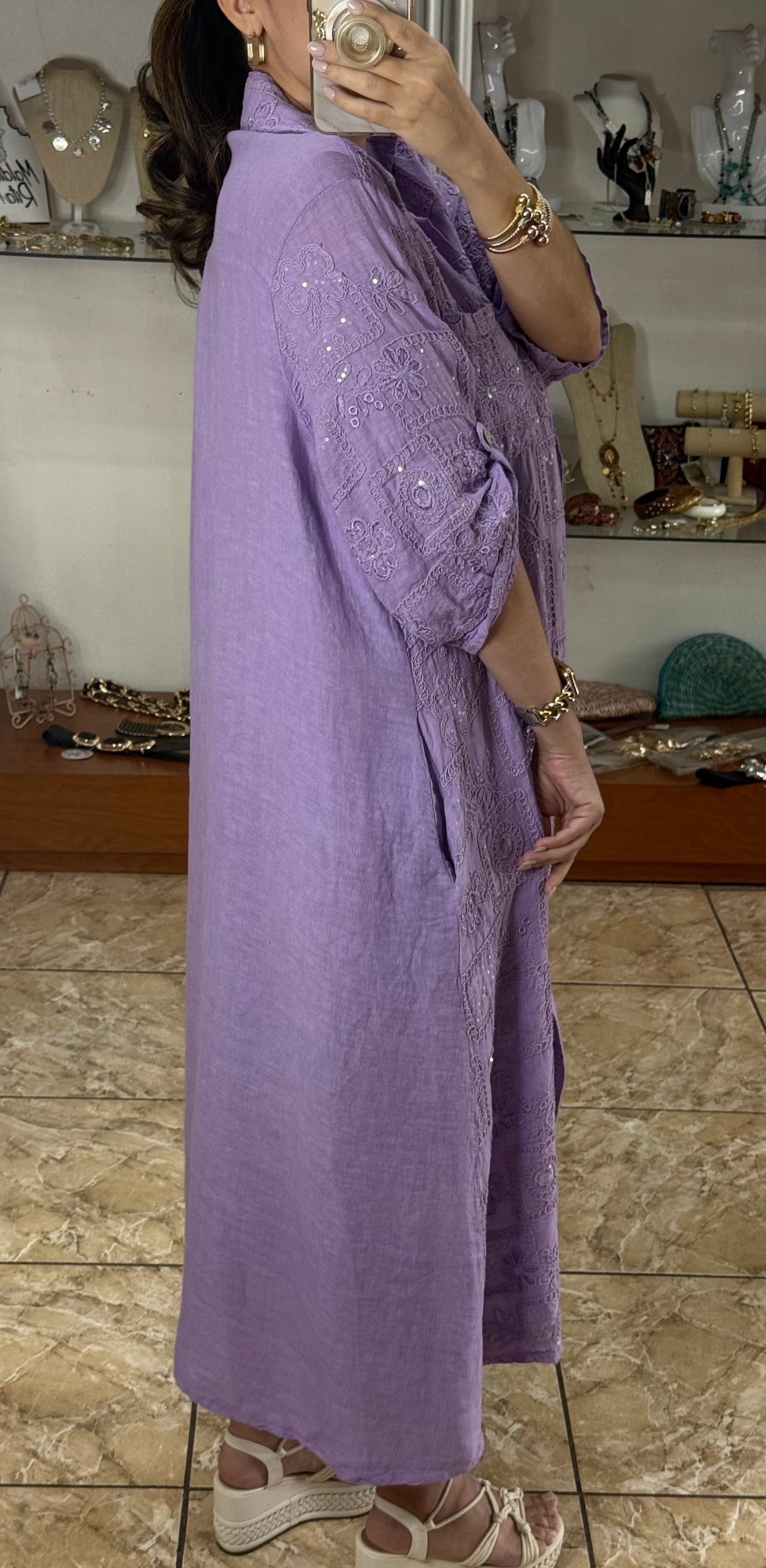 OS Sequins Embroidered Linen Maxi Dress (NO RETURNS OR EXCHANGE)
