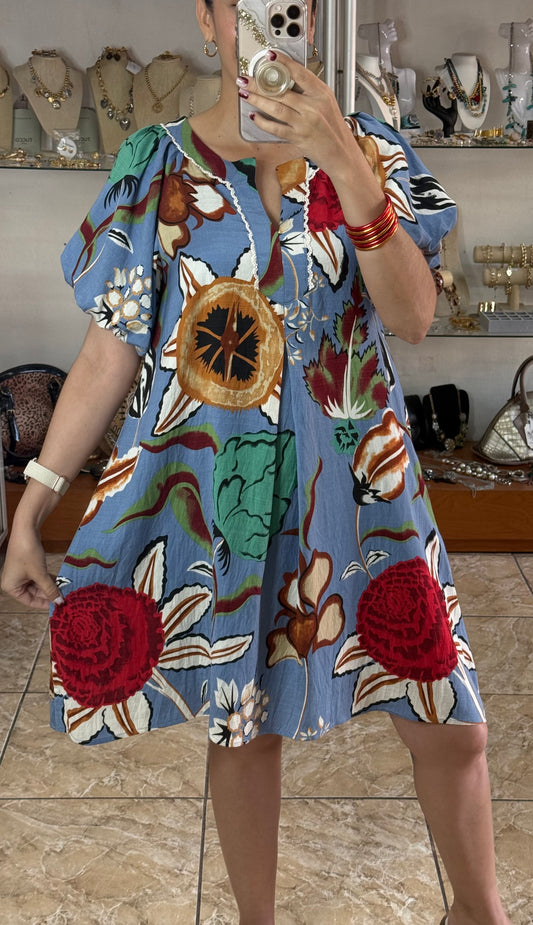 Blue Floral Puff Sleeves Dress