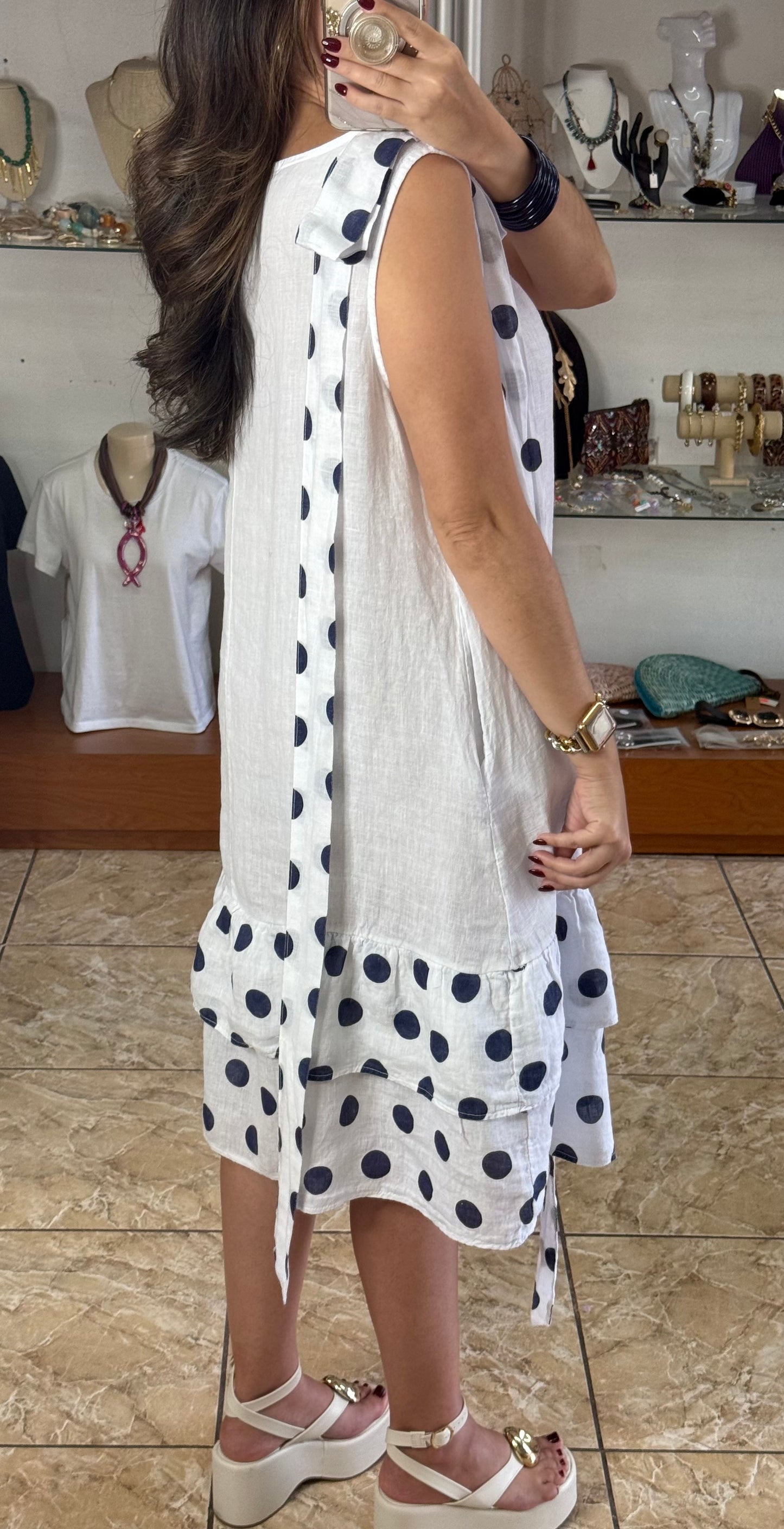 Navy Polkadots OS Linen Short Dress (NO RETURNS OR EXCHANGE)