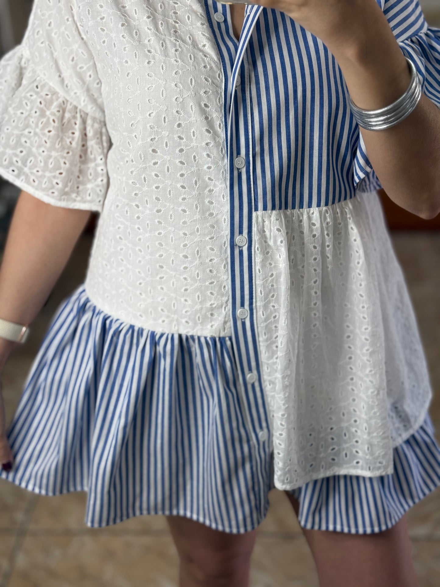 Eyelet/Stripes Button Down Mini Dress (NO RETURN OR EXCHANGE)