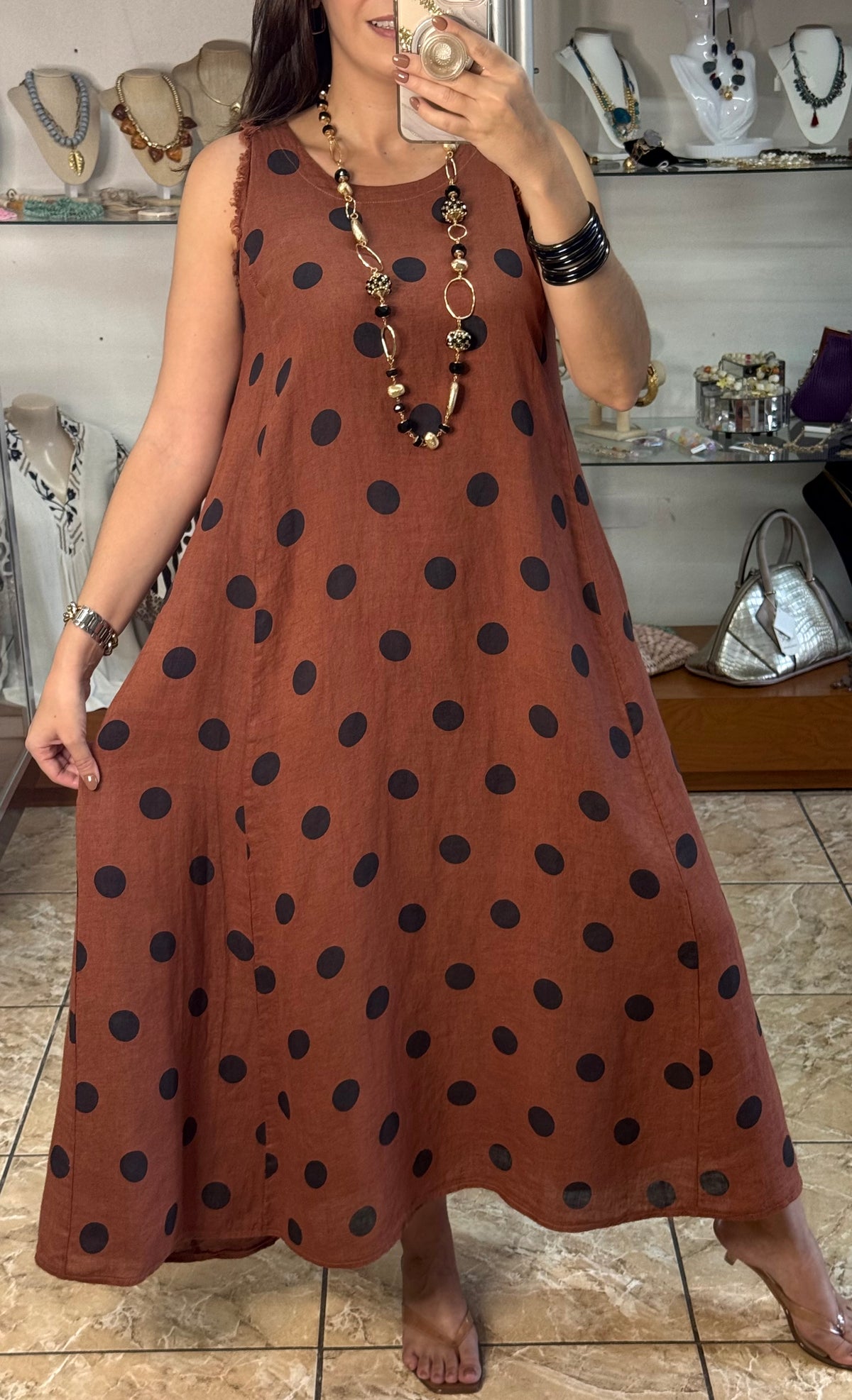 OS Linen Sleeveless Polka Dots Dress (NO RETURNS OR EXCHANGE)