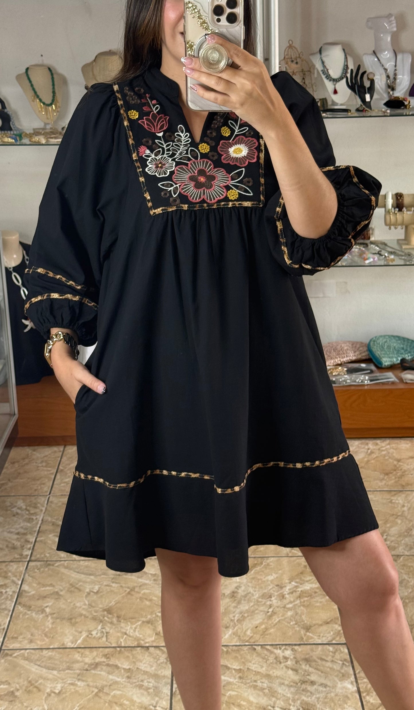 Black/Floral/Leopard Embroidered Dress