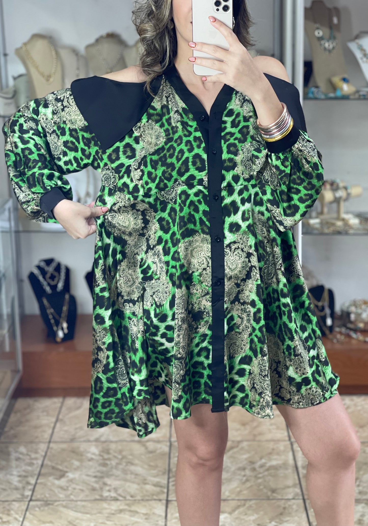 Green Leopard OS Mini Dress