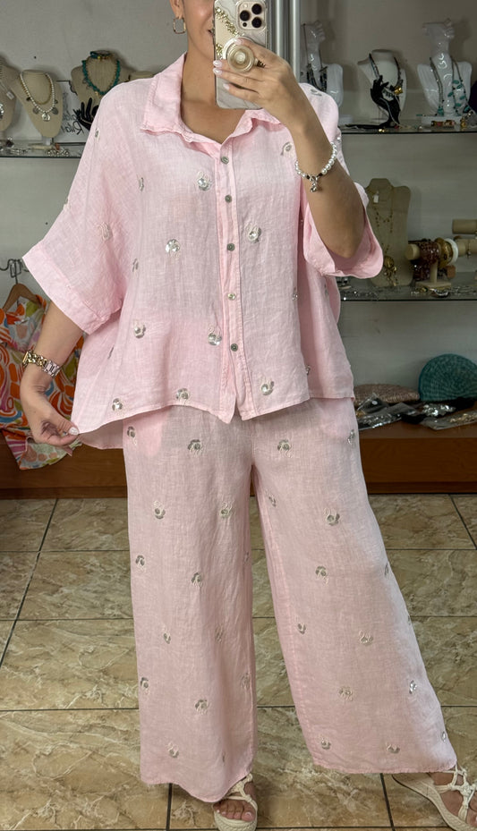 Swans Sequins OS Linen Pant Set (NO RETURNS OR EXCHANGE)