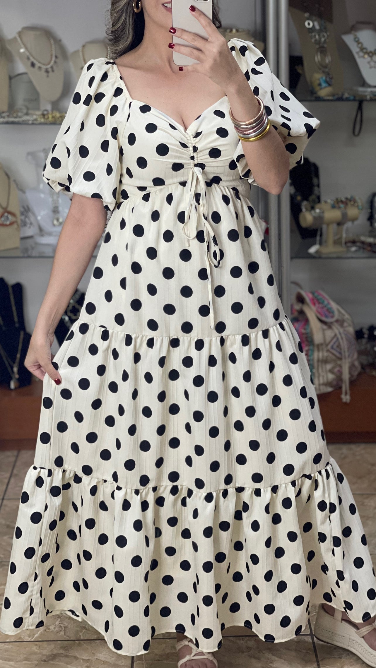 Polka Bubble Sleeve Maxi Dress