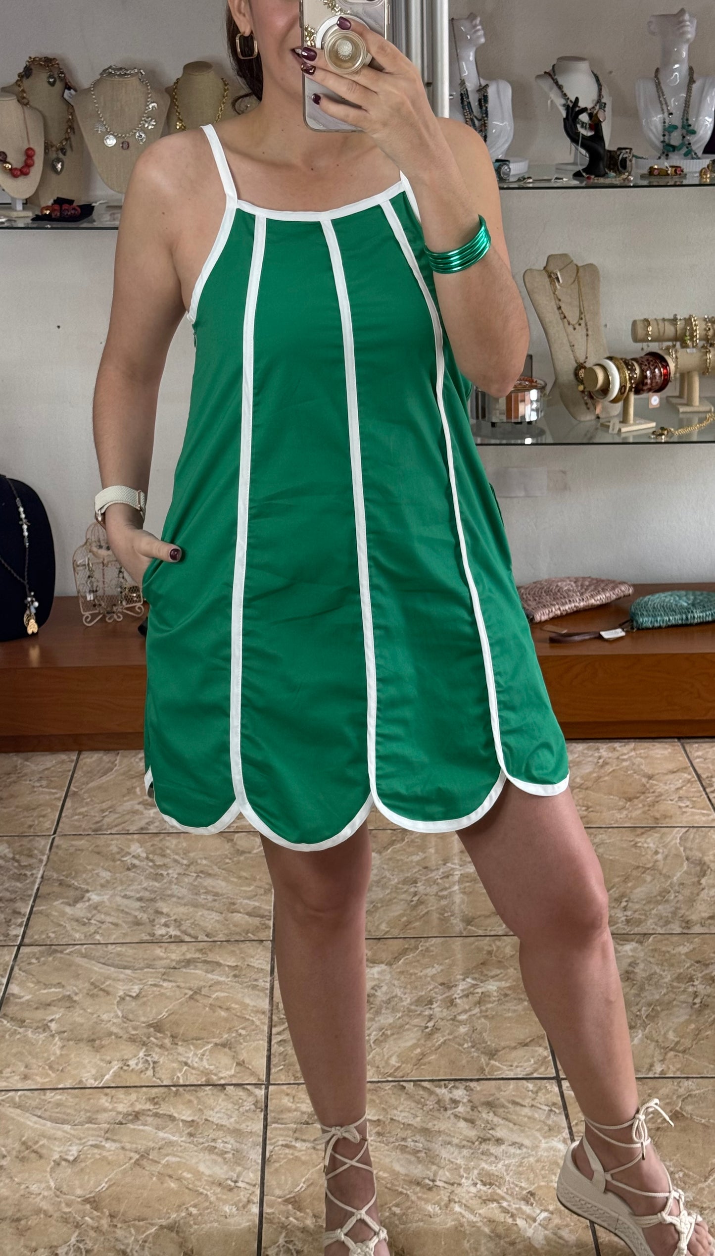 Green Scalloped Hem Mini Dress