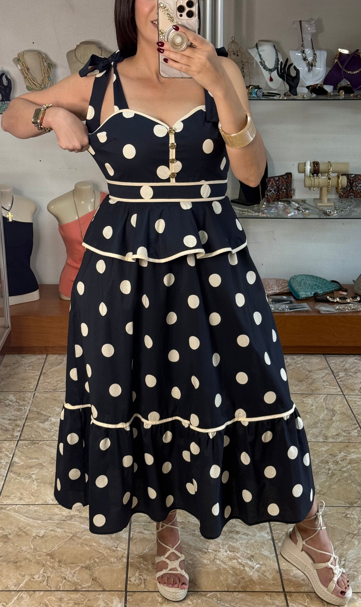 Polka Dot Peplum Midi Dress