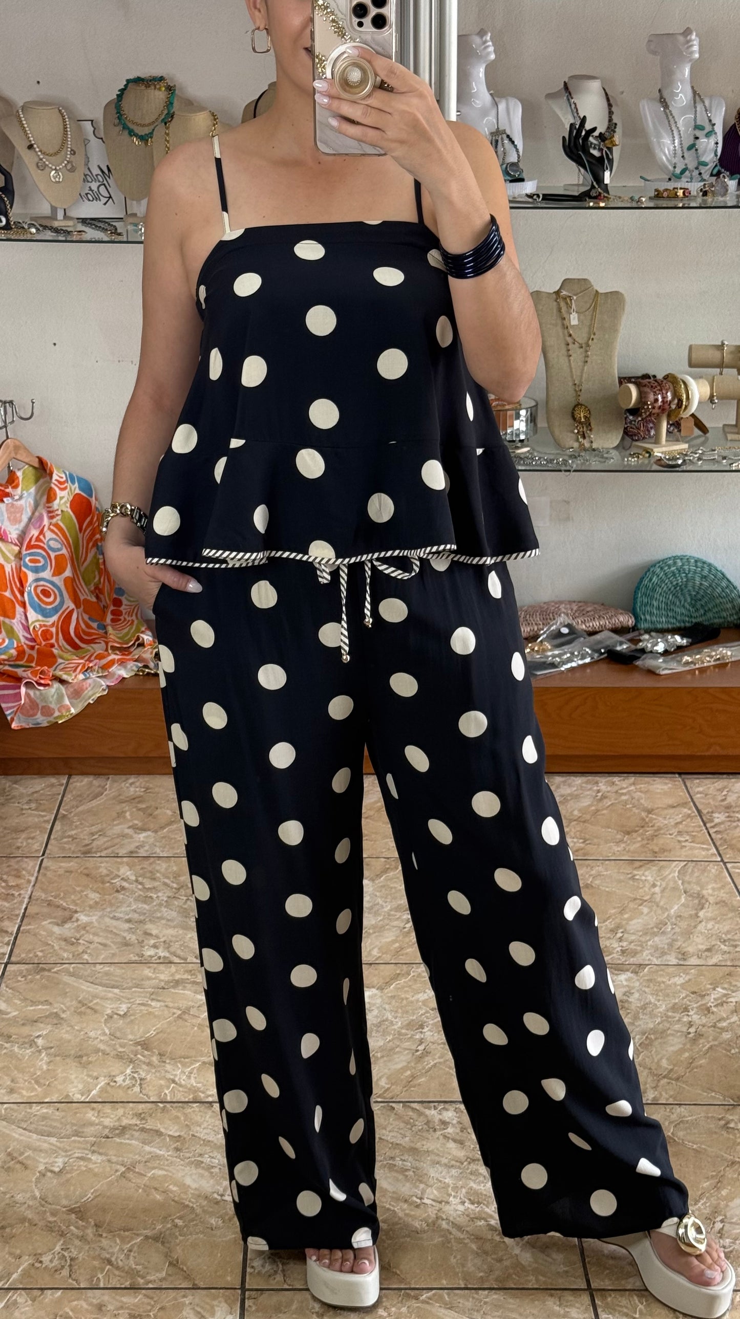Black/Beige Polkadots Pant Set
