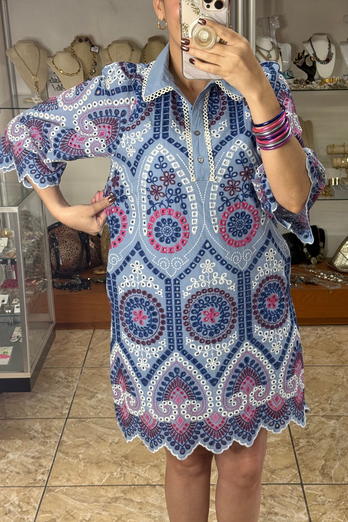 Blue Mix Embroidered Mini Dress