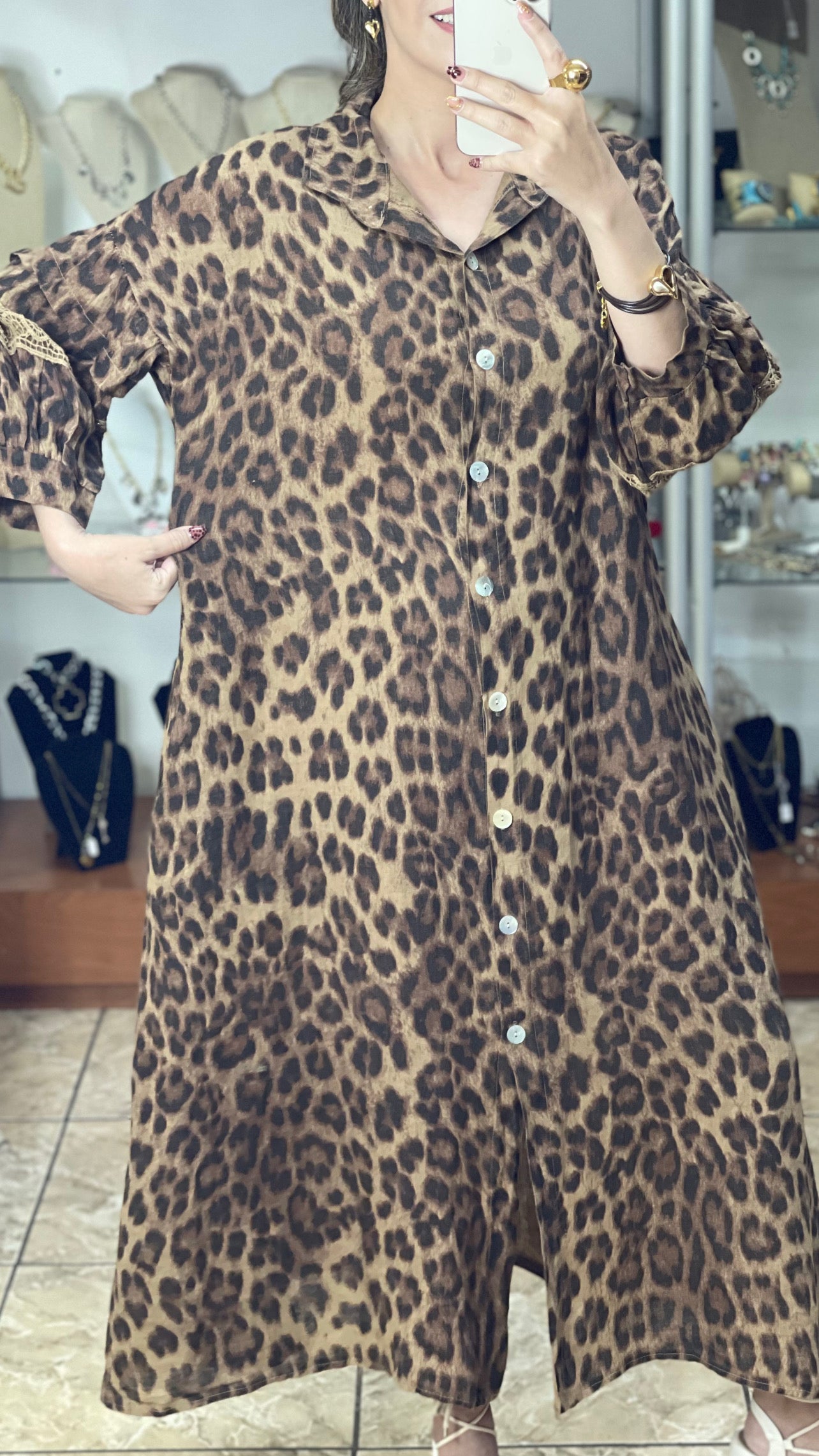 Leopard with Lace Details OS Linen Maxi Dress