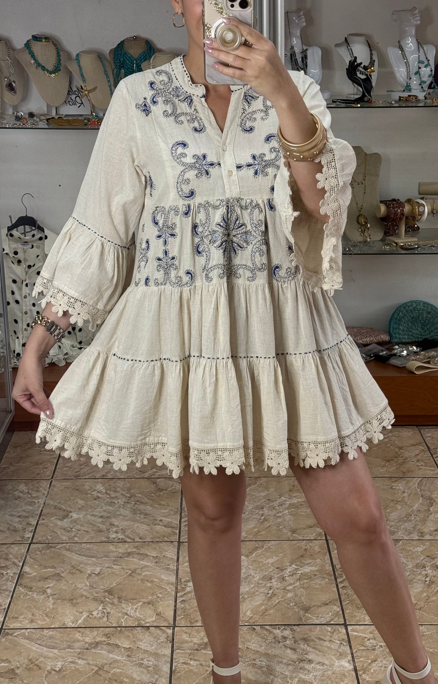 Natural and Blue Embroidered Boho Mini Dress