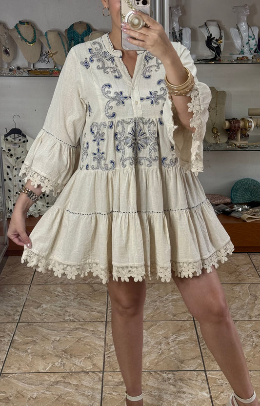 Natural and Blue Embroidered Boho Mini Dress