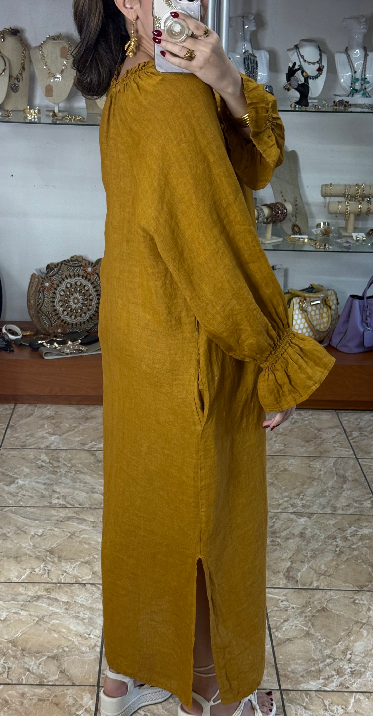 Long Sleeves OS Linen Maxi Dress (FINAL SALE)