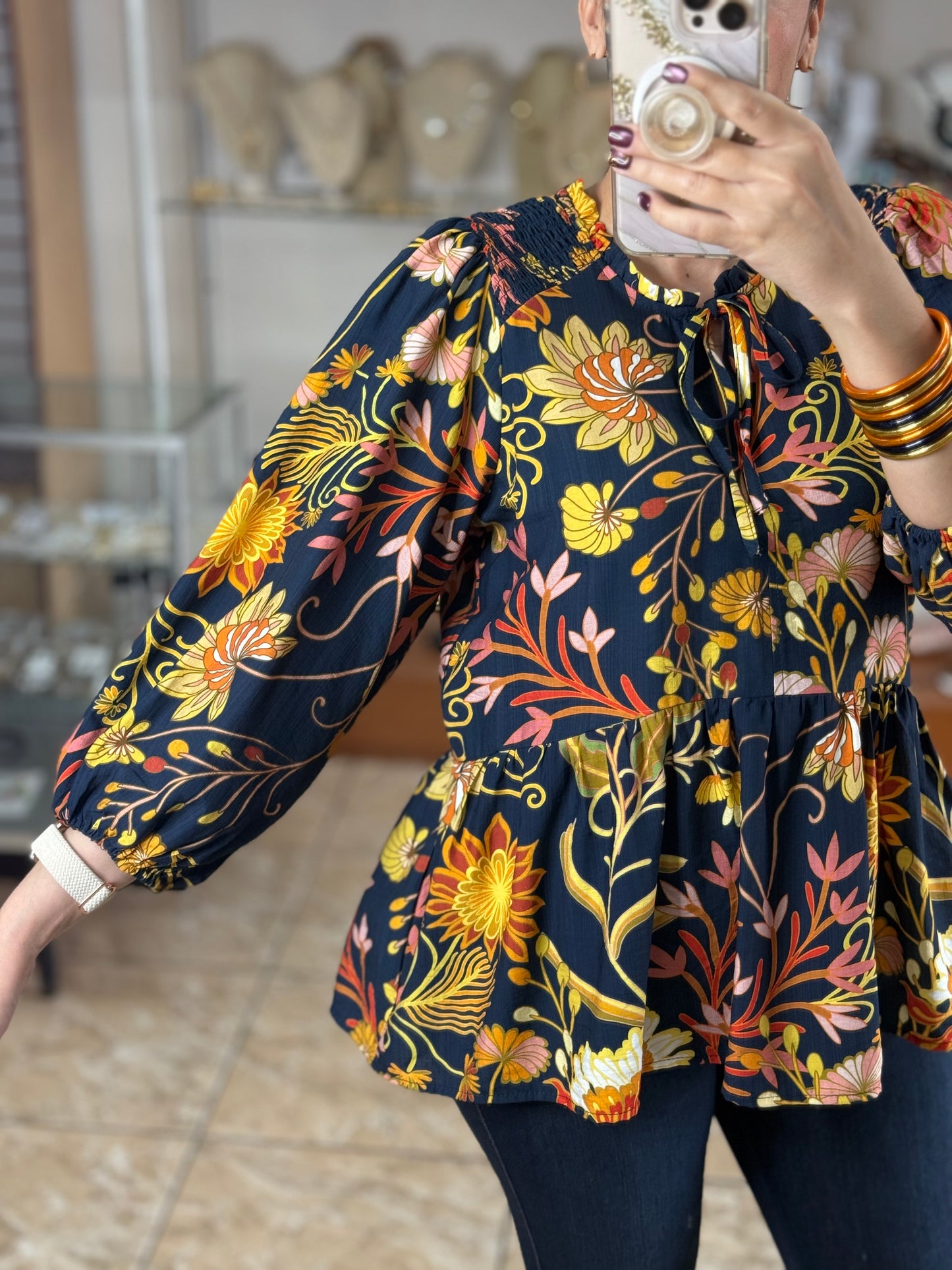 Navy/Orange Mix Floral Top