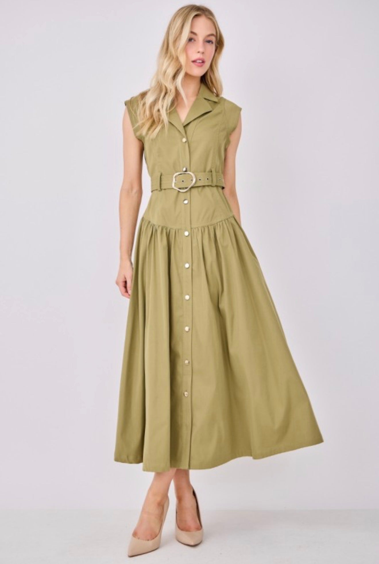 Olive Cap Sleeve Button Down Dress