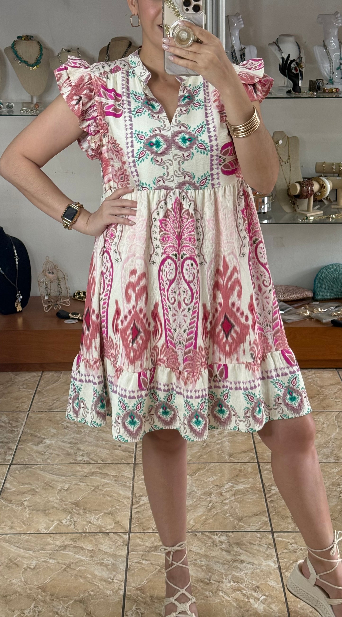 Pink Mix Ruffle Sleeves Boho Print Dress