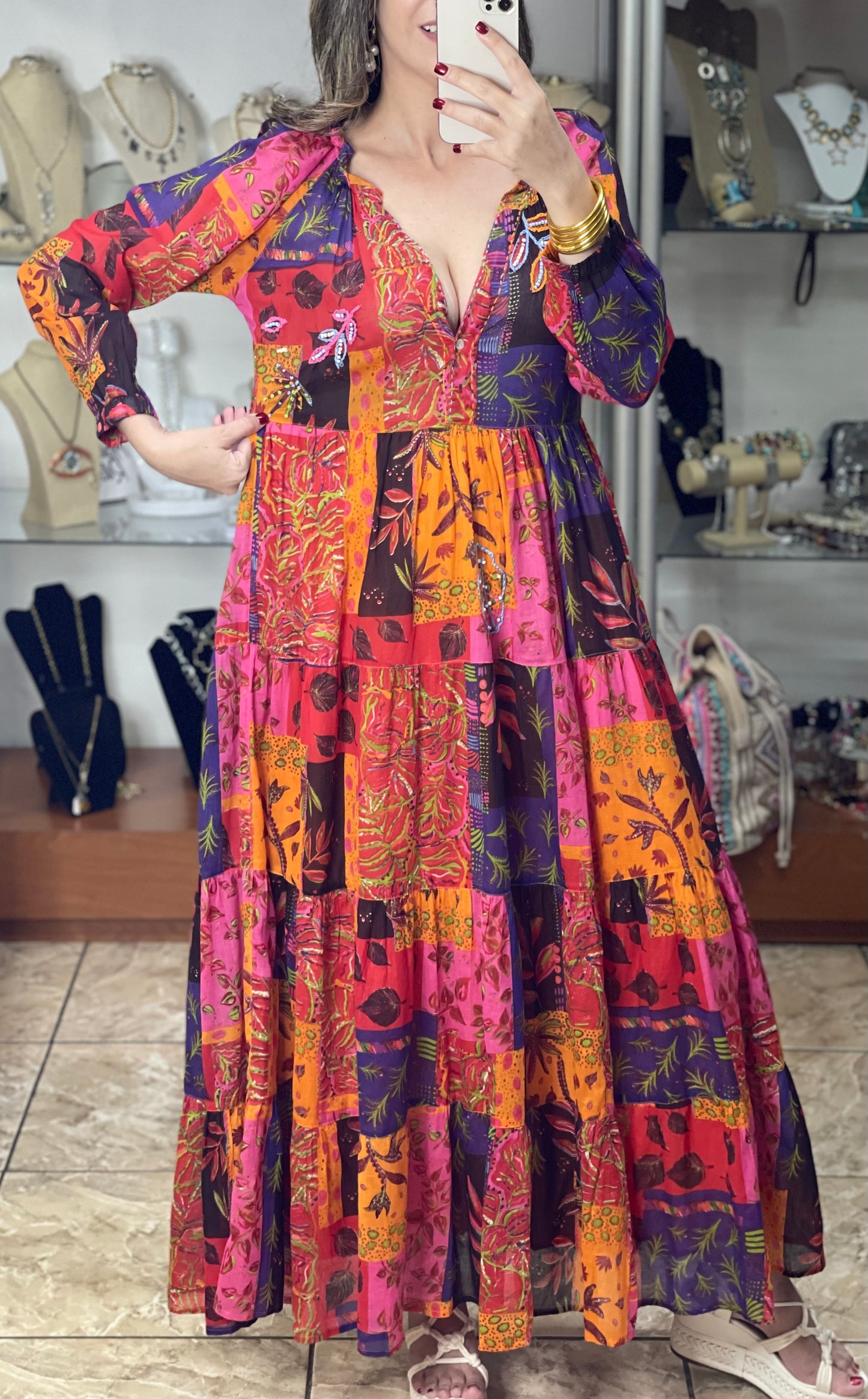 Red/Orange/Pink Patches Maxi Dress