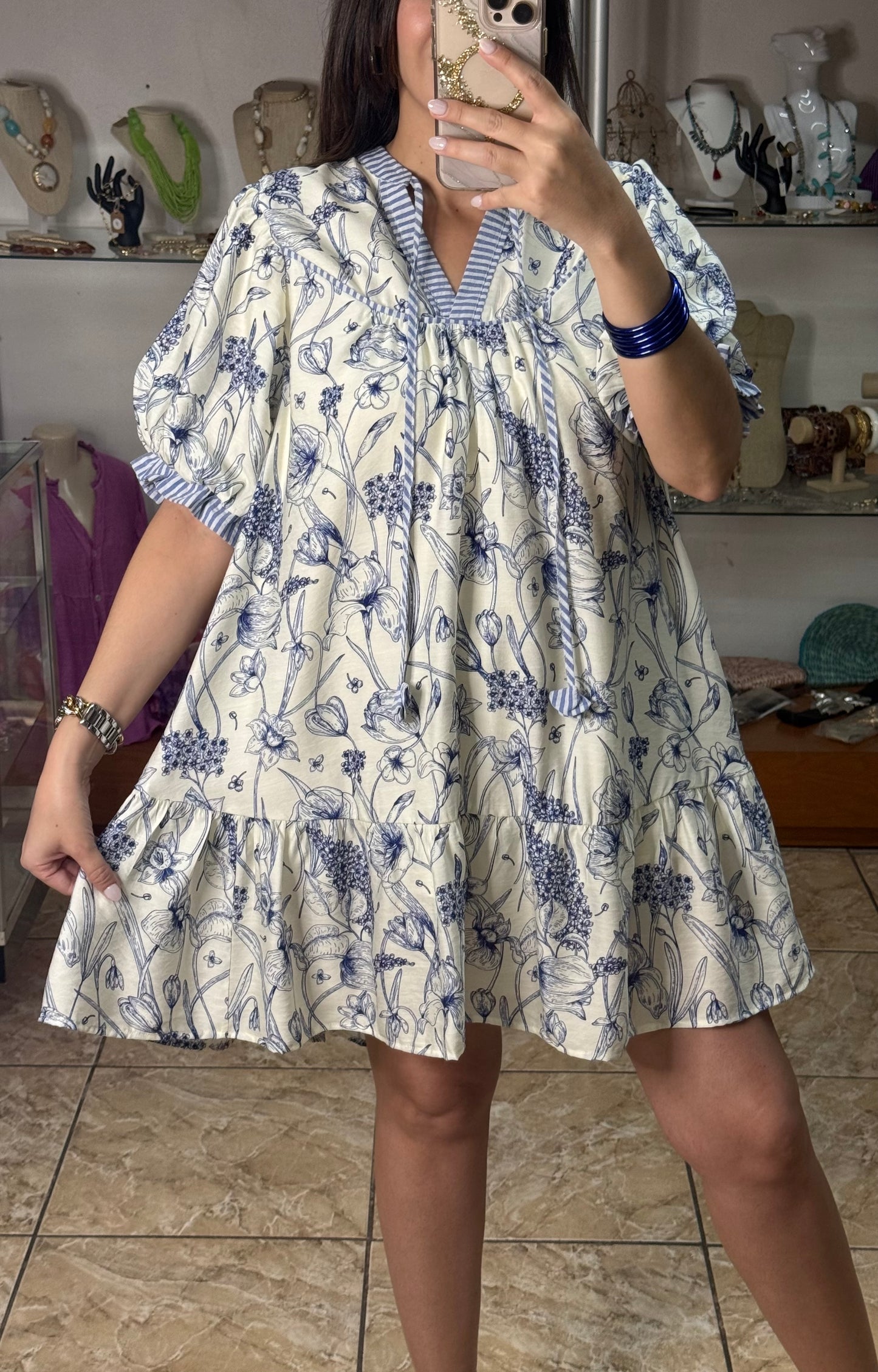 Blue Mix Floral Print Mini Dress