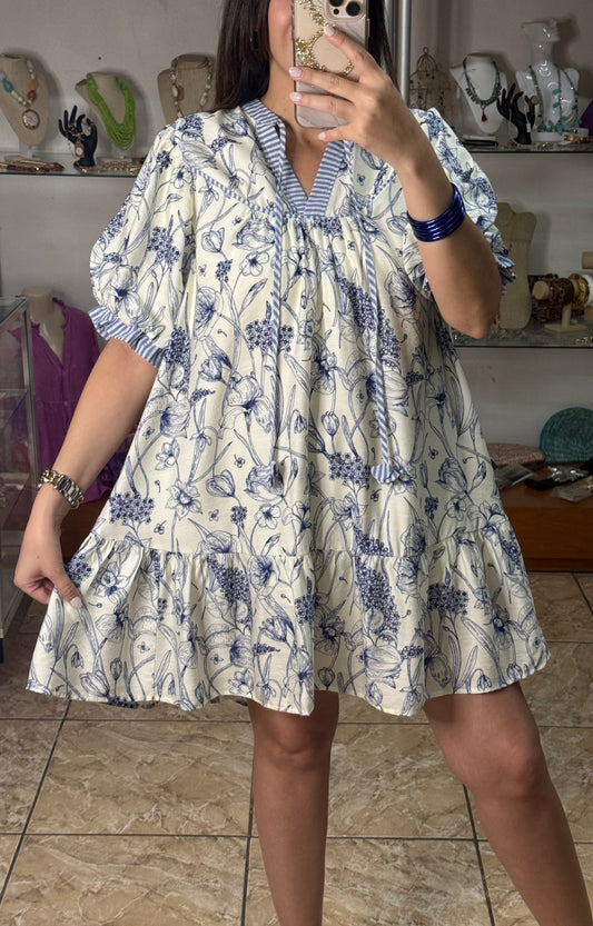 Blue Mix Floral Print Mini Dress
