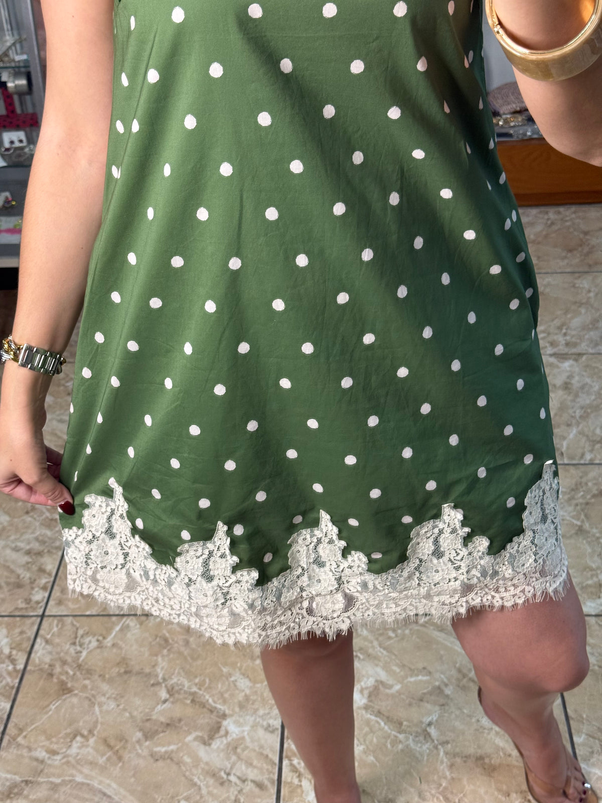 Sleeveless Olive Polkadot with Lace Details Dress