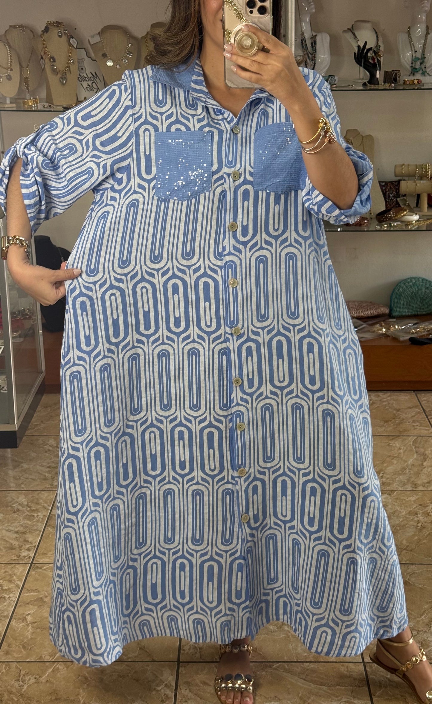 OS Geometric Linen Maxi Dress (NO RETURNS OR EXCHANGE)