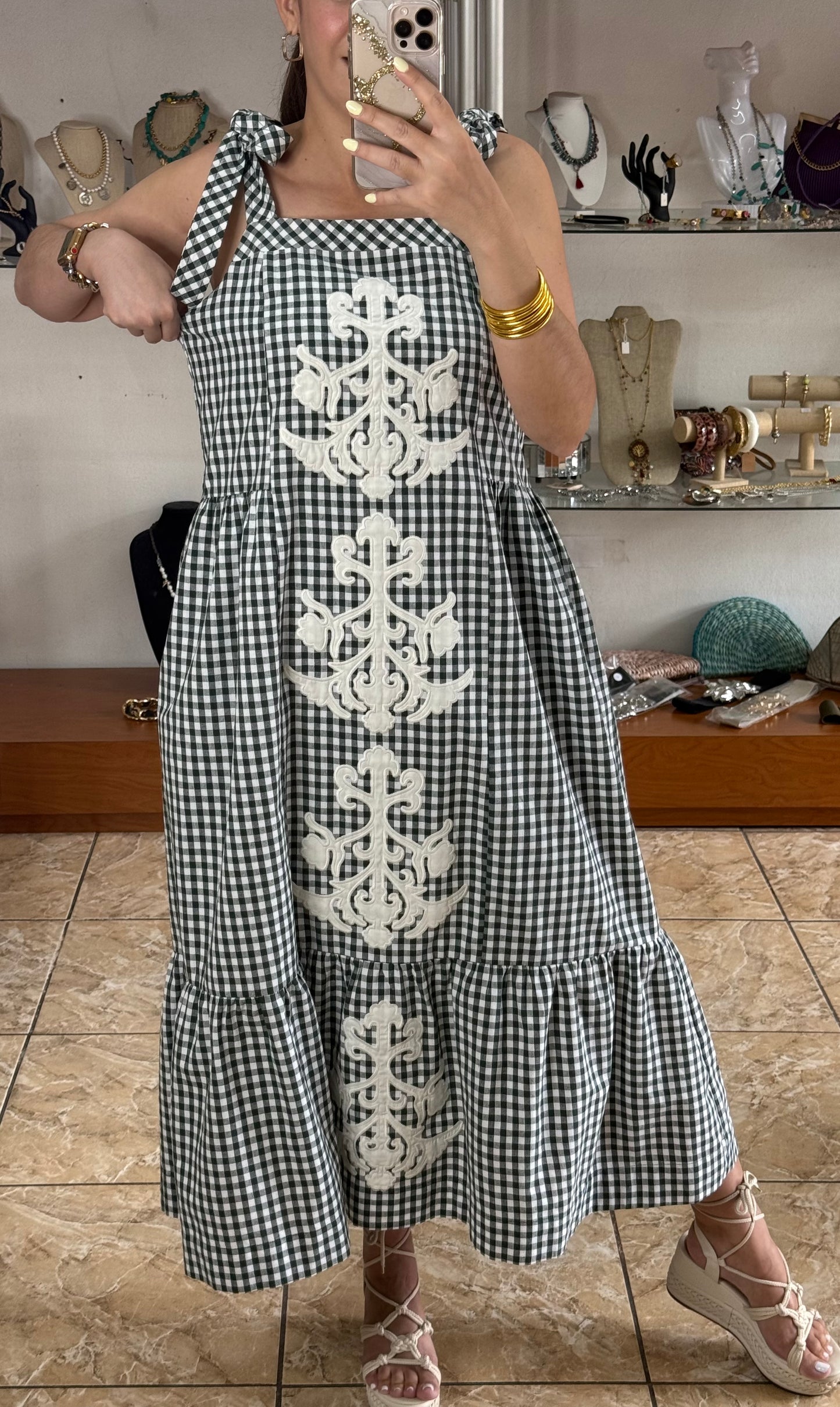 Hunter Green Gingham Midi Dress