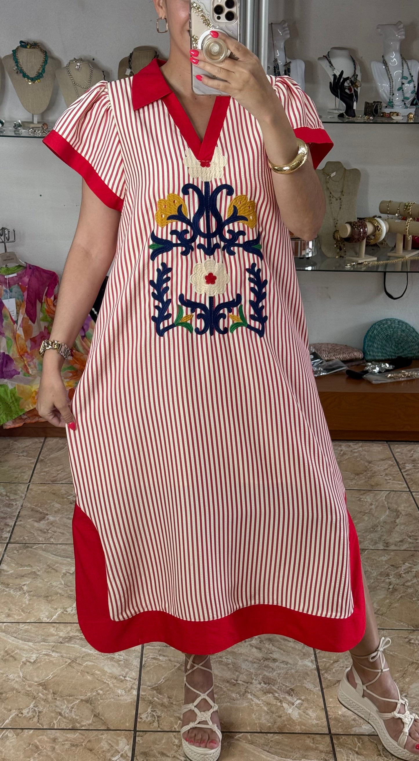 Red Stripes Embroidered Midi Dress