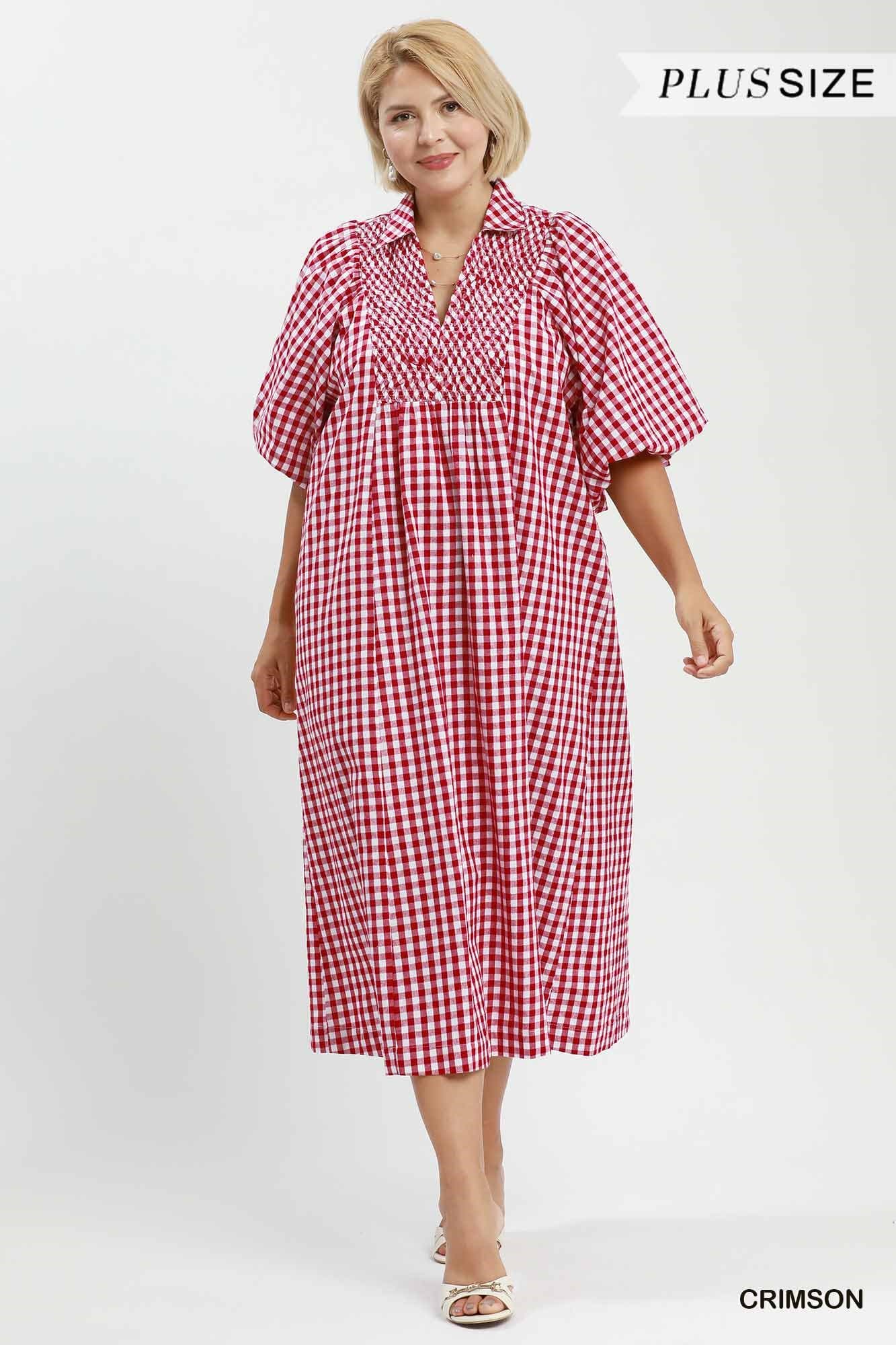 Puff Sleeve Plaid Midi Dress (PLUS)