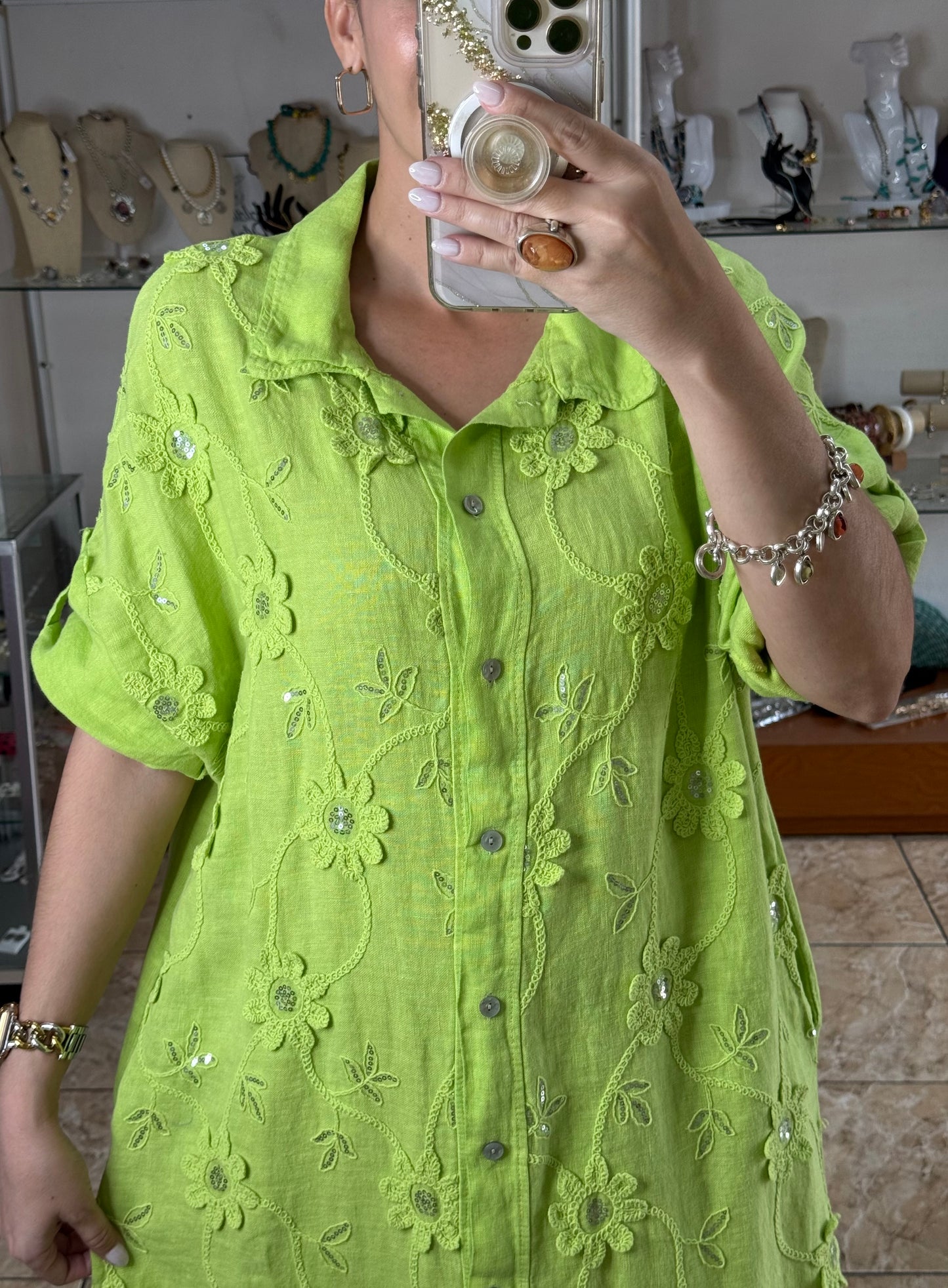 OS Embroidered/Sequins Linen Maxi Dress (NO RETURNS OR EXCHANGE)