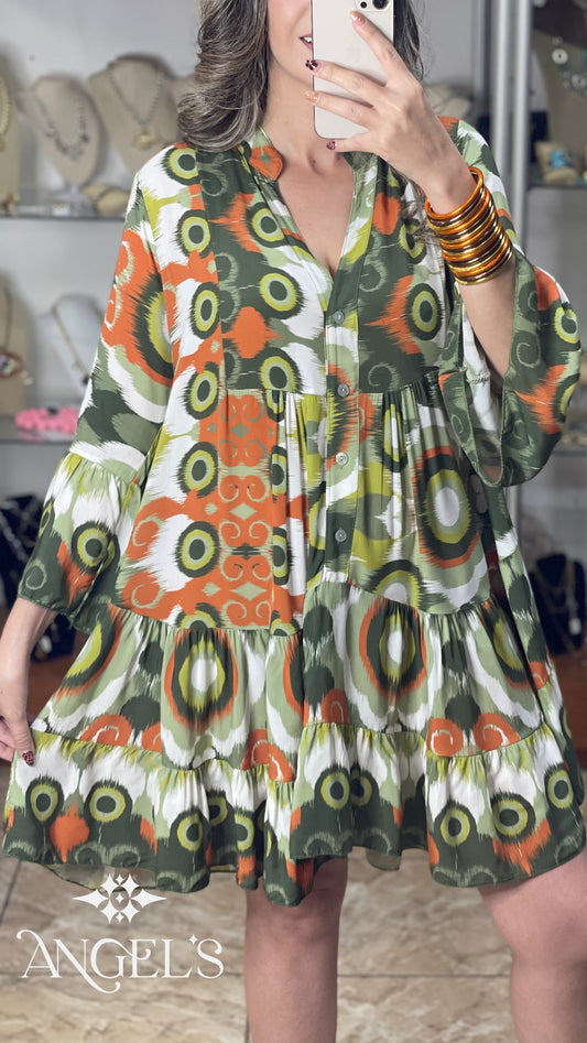 Geometric Green/Orange OS Dress