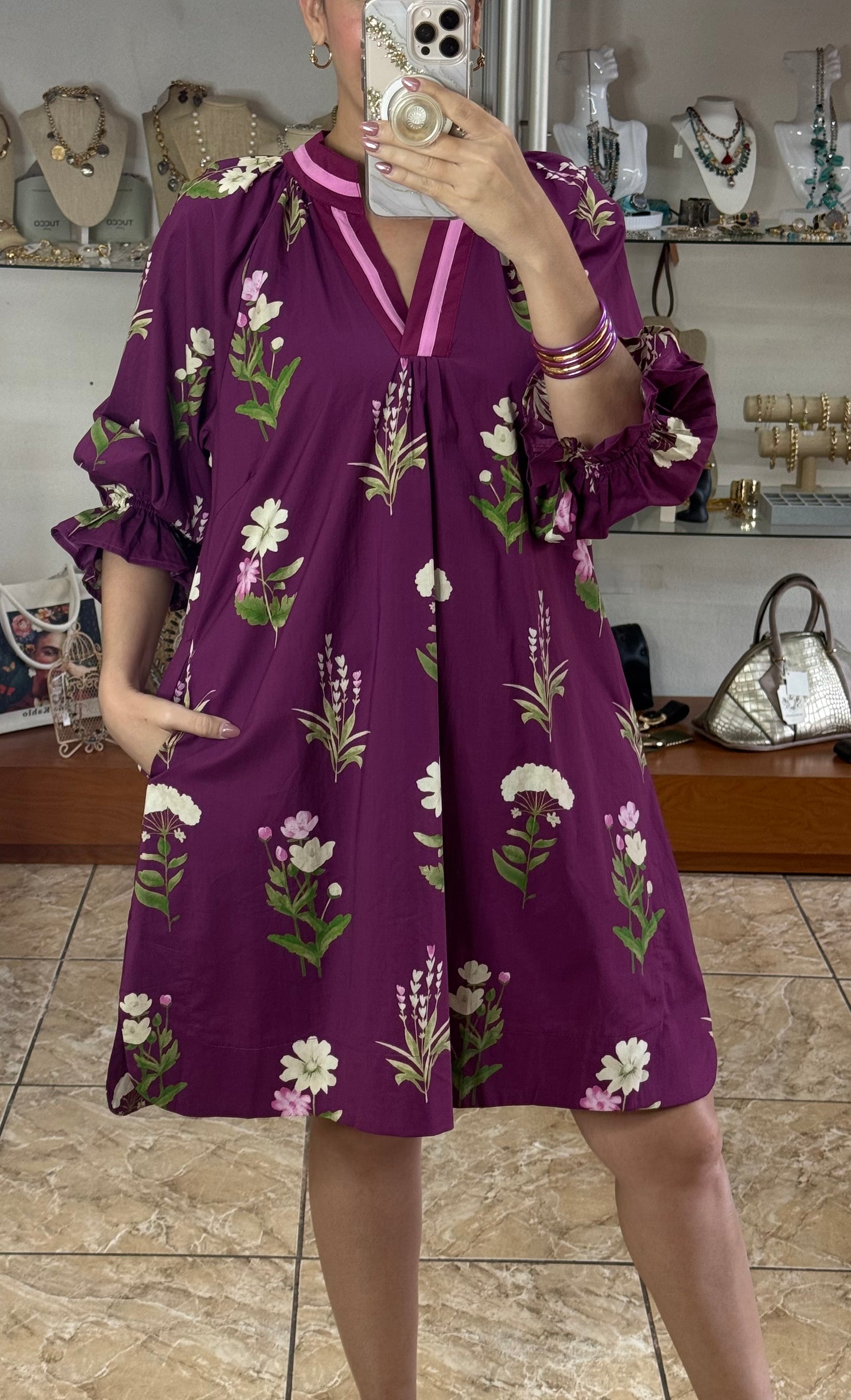 Floral Tunic Dress with Contrast Trim